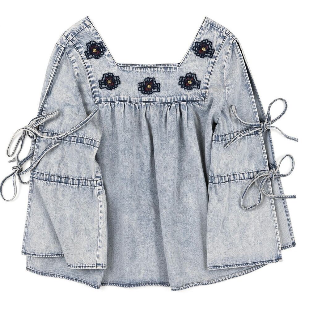 Boho POL Square-Neck Denim Top w/ Sleeve Ties